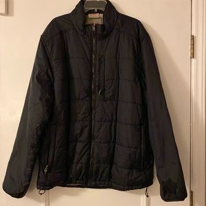 Black puffer jacket, zip front, multi pockets, 2XL. Super warm and lightweight.